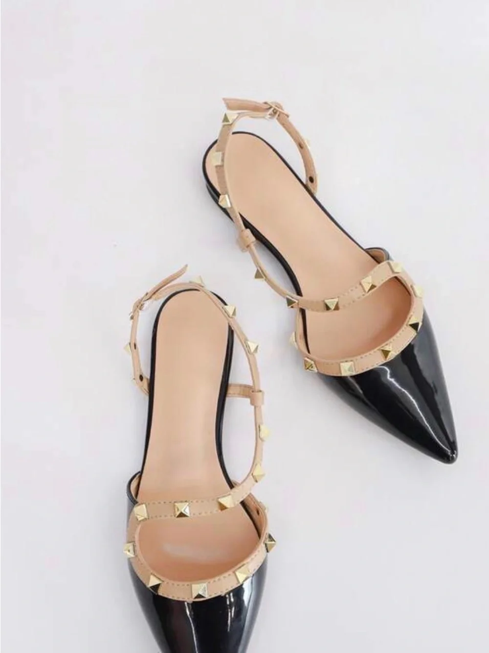 Studded Pointed-Toe Slingback Flats in Black and Nude